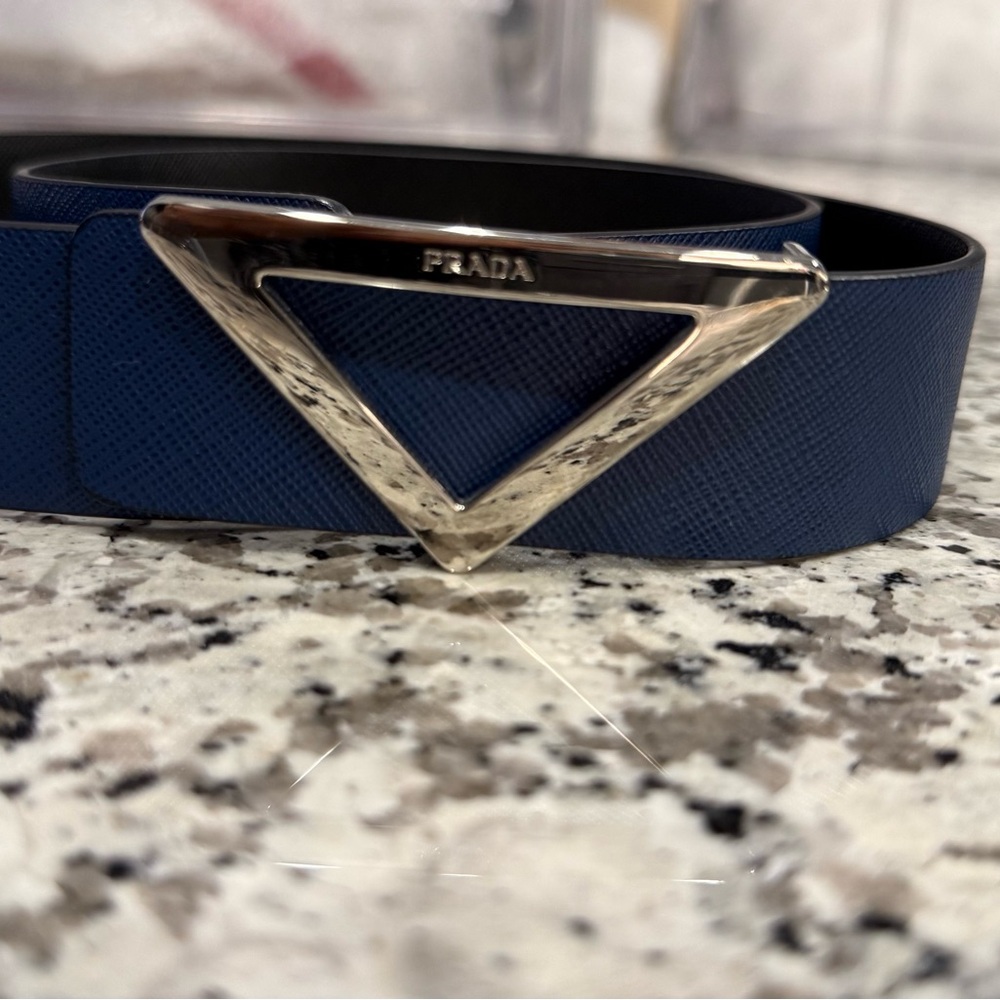 Prada Triangle Buckle Leather Belt in Navy